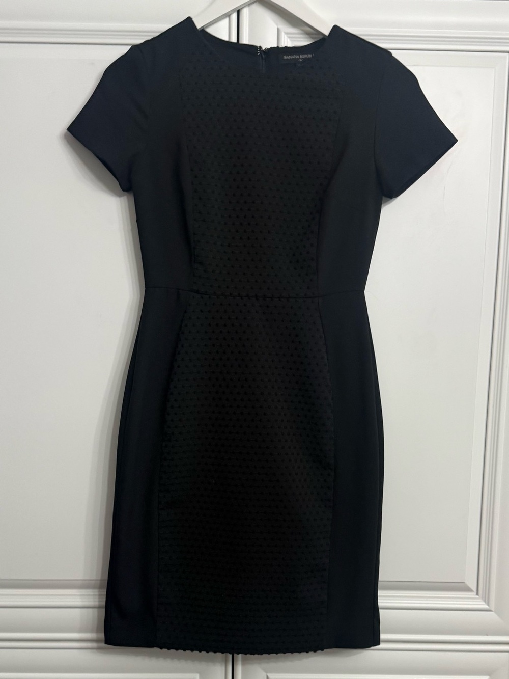 Banana Republic Factory Black Swiss Dot Textured Panel Short Sleeve Sheath Dress